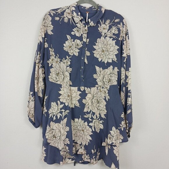 FREE PEOPLE shake it dress size S marine combo blue long sleeve pockets floral - Picture 2 of 10